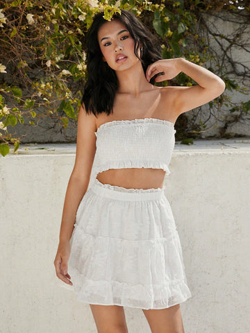 Women's 2pcs Frill Edge Wrap Crop Top And A-Line Skirt Set