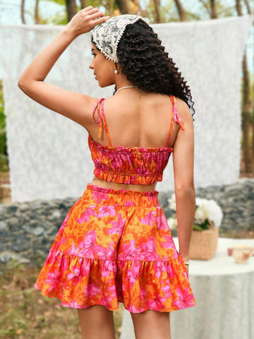 Women's 2pcs Set Of Floral Print Shoulder Tie Crop Top And Paper Bag Waist Skirt