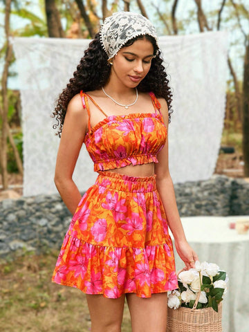 Women's 2pcs Set Of Floral Print Shoulder Tie Crop Top And Paper Bag Waist Skirt
