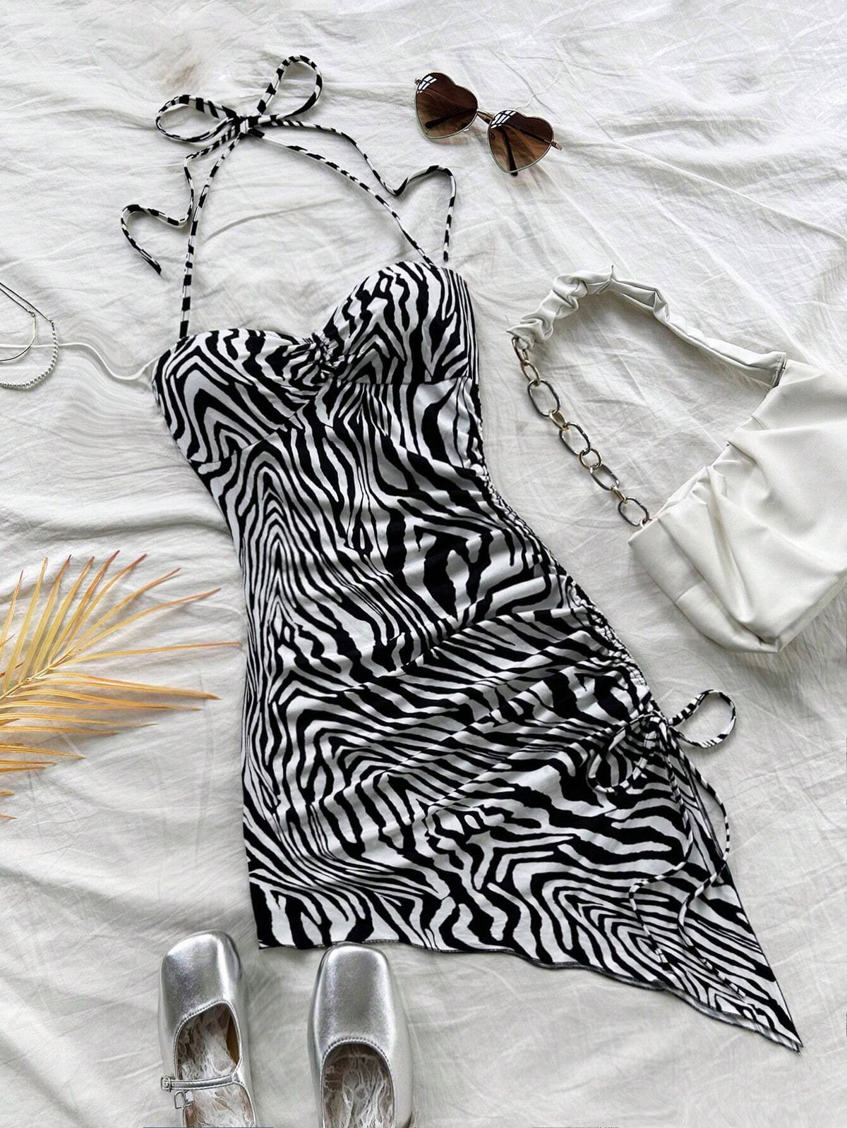 Women's Black And White Zebra Print Asymmetric Hem Halter Bow Tie Sleeveless Bodycon Mini Dress, Cute Vacation Style, Fashion Winter Outerwear