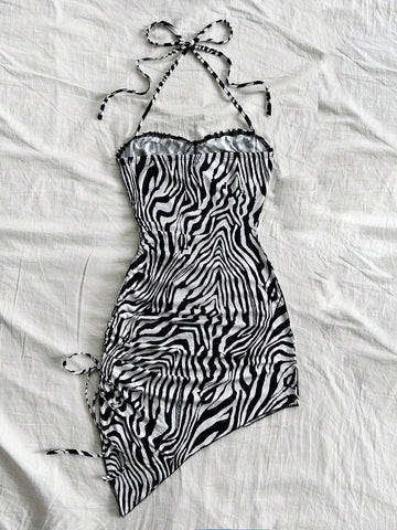 Women's Black And White Zebra Print Asymmetric Hem Halter Bow Tie Sleeveless Bodycon Mini Dress, Cute Vacation Style, Fashion Winter Outerwear