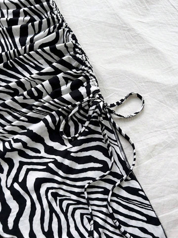 Women's Black And White Zebra Print Asymmetric Hem Halter Bow Tie Sleeveless Bodycon Mini Dress, Cute Vacation Style, Fashion Winter Outerwear