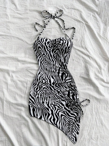 Women's Black And White Zebra Print Asymmetric Hem Halter Bow Tie Sleeveless Bodycon Mini Dress, Cute Vacation Style, Fashion Winter Outerwear