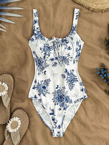 Women's Blue And White Printed Holiday Spaghetti Strap Bodysuit