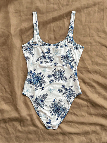 Women's Blue And White Printed Holiday Spaghetti Strap Bodysuit
