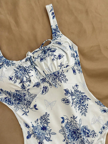 Women's Blue And White Printed Holiday Spaghetti Strap Bodysuit