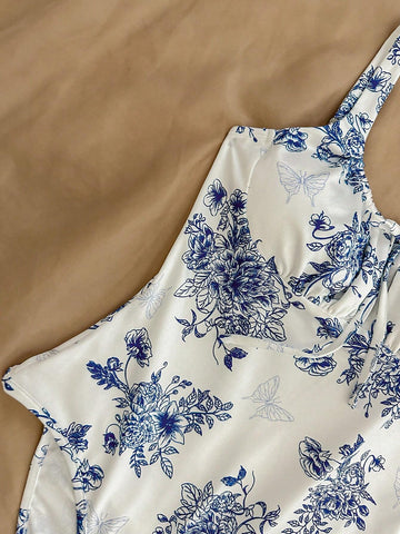 Women's Blue And White Printed Holiday Spaghetti Strap Bodysuit