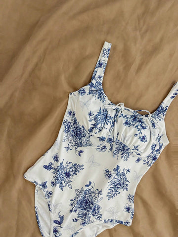 Women's Blue And White Printed Holiday Spaghetti Strap Bodysuit