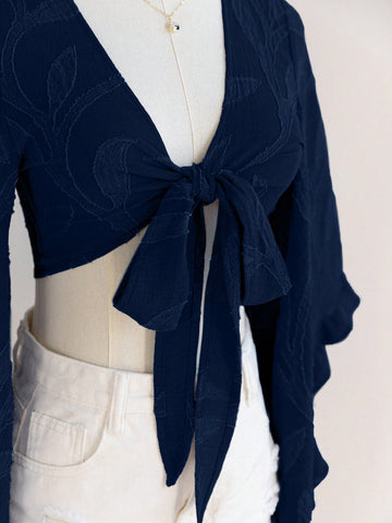 Women's Boho Music Festival Brown Wicker Texture Tie Front Flared Lantern Sleeve Blouse