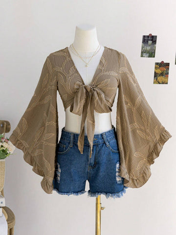 Women's Boho Music Festival Brown Willow Branch Texture Open Front Tie Knot Flare Sleeves Ruffle Cuff Blouse