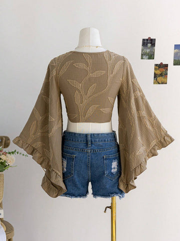 Women's Boho Music Festival Brown Willow Branch Texture Open Front Tie Knot Flare Sleeves Ruffle Cuff Blouse