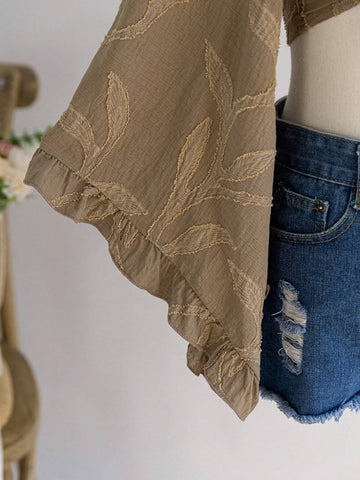 Women's Boho Music Festival Brown Willow Branch Texture Open Front Tie Knot Flare Sleeves Ruffle Cuff Blouse