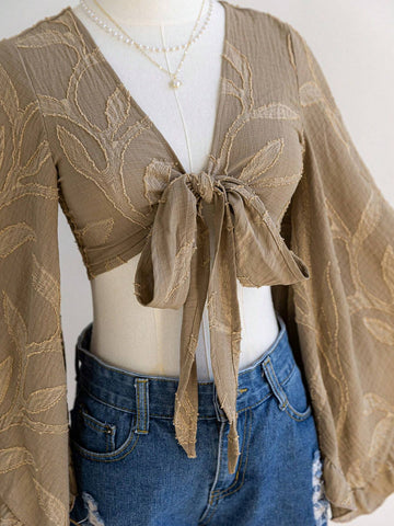 Women's Boho Music Festival Brown Willow Branch Texture Open Front Tie Knot Flare Sleeves Ruffle Cuff Blouse