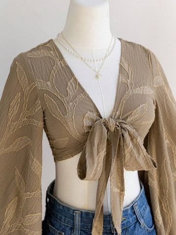 Women's Boho Music Festival Brown Willow Branch Texture Open Front Tie Knot Flare Sleeves Ruffle Cuff Blouse