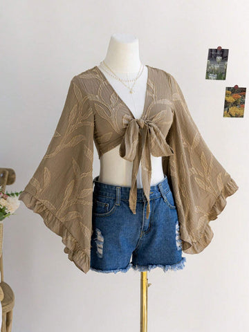 Women's Boho Music Festival Brown Willow Branch Texture Open Front Tie Knot Flare Sleeves Ruffle Cuff Blouse