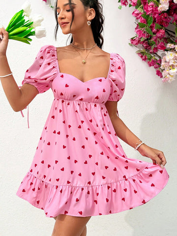 Women's Casual Vacation Style Slim Fit Puff Sleeve Mini Dress With Square Neckline