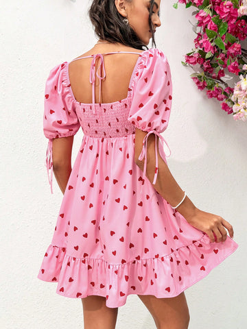 Women's Casual Vacation Style Slim Fit Puff Sleeve Mini Dress With Square Neckline