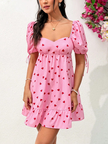 Women's Casual Vacation Style Slim Fit Puff Sleeve Mini Dress With Square Neckline