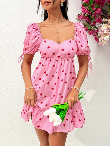 Women's Casual Vacation Style Slim Fit Puff Sleeve Mini Dress With Square Neckline