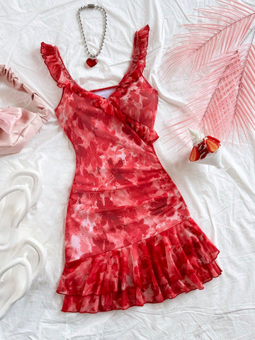 Women's Casual Vacation V-Neck Ruffle Hem Sleeveless Flared Gathered Dress, Double Layered