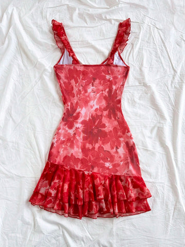 Women's Casual Vacation V-Neck Ruffle Hem Sleeveless Flared Gathered Dress, Double Layered