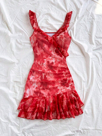 Women's Casual Vacation V-Neck Ruffle Hem Sleeveless Flared Gathered Dress, Double Layered