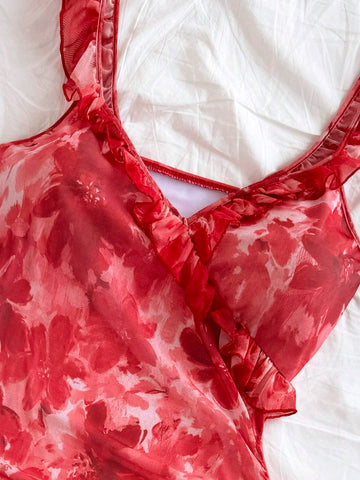 Women's Casual Vacation V-Neck Ruffle Hem Sleeveless Flared Gathered Dress, Double Layered