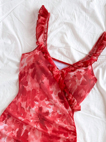 Women's Casual Vacation V-Neck Ruffle Hem Sleeveless Flared Gathered Dress, Double Layered