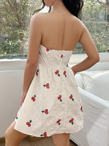 Women's Cherry Pattern Strapless Dress With Ruffled Hem