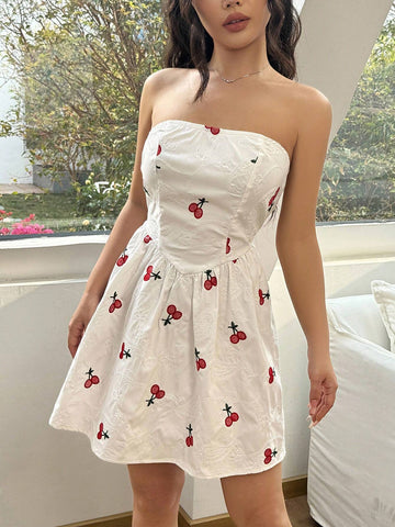Women's Cherry Pattern Strapless Dress With Ruffled Hem