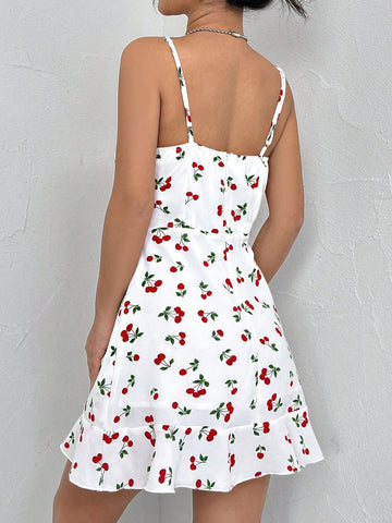 Women's Cherry Printed Ruffle Wrap V-Neck Spaghetti Strap Dress