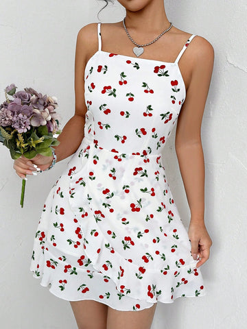 Women's Cherry Printed Ruffle Wrap V-Neck Spaghetti Strap Dress