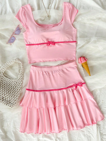 Women's Color-Block Square-Neck Top And Ruffle-Trimmed Decorated Skirt Set