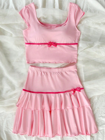 Women's Color-Block Square-Neck Top And Ruffle-Trimmed Decorated Skirt Set