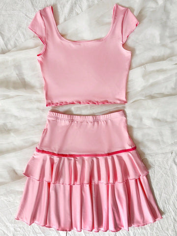 Women's Color-Block Square-Neck Top And Ruffle-Trimmed Decorated Skirt Set