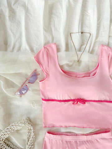 Women's Color-Block Square-Neck Top And Ruffle-Trimmed Decorated Skirt Set