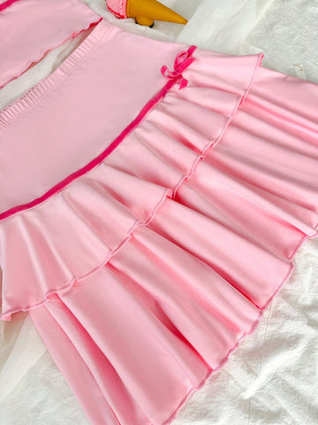 Women's Color-Block Square-Neck Top And Ruffle-Trimmed Decorated Skirt Set