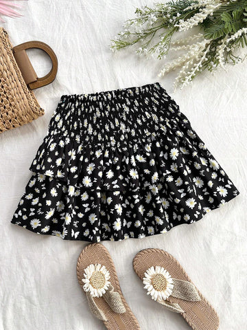 WYWH Women's Daisy And Butterfly Print Double-Layer A-Line Skirt, Vacation Style