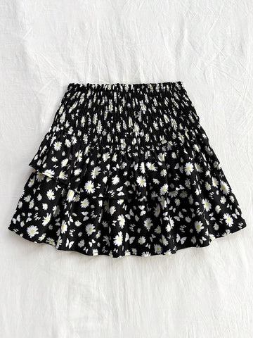 WYWH Women's Daisy And Butterfly Print Double-Layer A-Line Skirt, Vacation Style