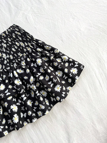 WYWH Women's Daisy And Butterfly Print Double-Layer A-Line Skirt, Vacation Style