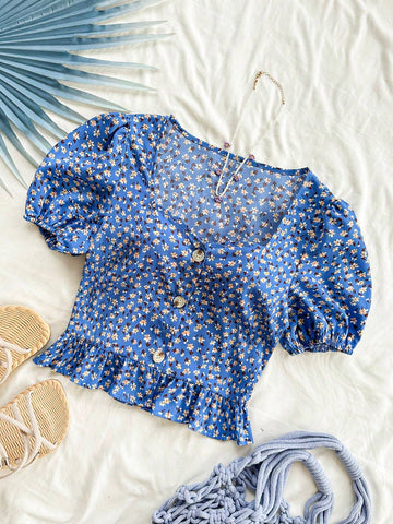 Women's Ditsy Floral Vacation Style Puff Sleeve Shirt With Ruffled Hem, Square Neckline