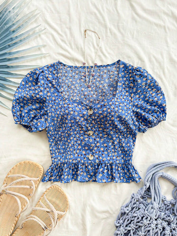Women's Ditsy Floral Vacation Style Puff Sleeve Shirt With Ruffled Hem, Square Neckline