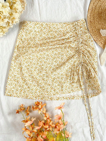 WYWH Women's Drawstring Waist Floral Mini Skirt