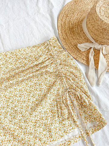 WYWH Women's Drawstring Waist Floral Mini Skirt