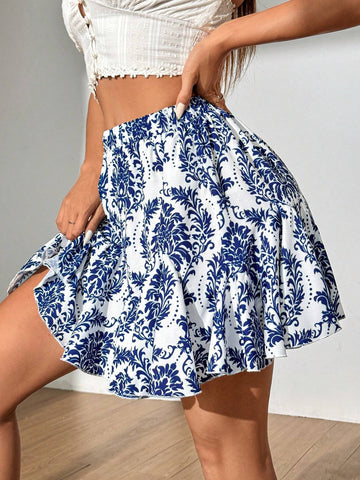 WYWH Women's Elegant Vacation Style Plant Print Ruffle Hem Midi Skirt