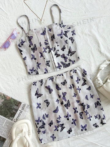 Women's Fashion Butterfly Printed Camisole Top And Short Skirt Set Bow Two Piece Outfits Festival Outfits