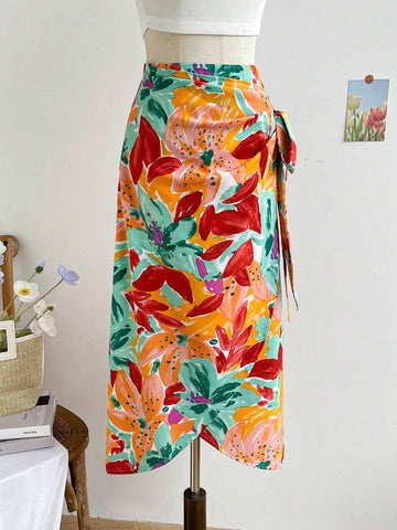 WYWH Women's Fashionable Summer Printed Vacation Style Tie-Waist Skirt