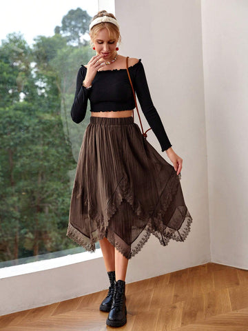 WYWH Women's Flexible Waist Lace Splicing Skirt