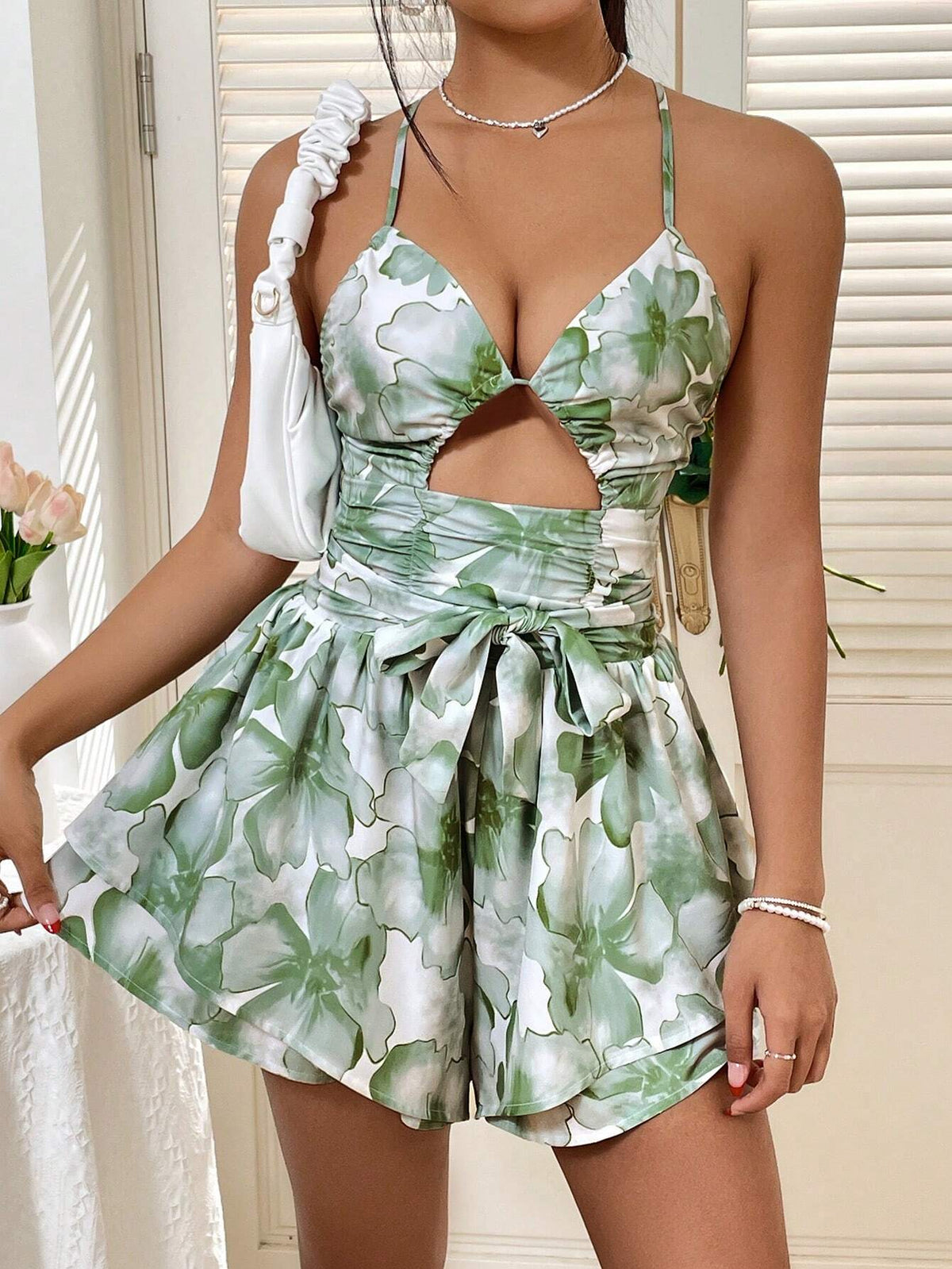 Women's Floral Print Backless Strap Halter Jumpsuit