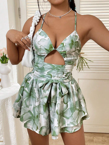 Women's Floral Print Backless Strap Halter Jumpsuit